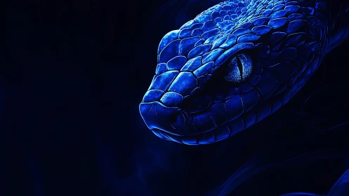 Blue serpent emerges from darkness in electric detail.