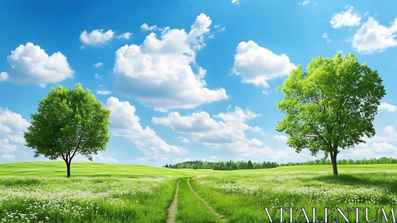Twin spring trees along winding meadow path in sunlight.