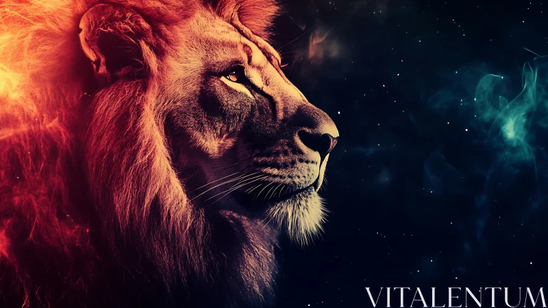 Lion profile in cosmic background with fiery lighting.