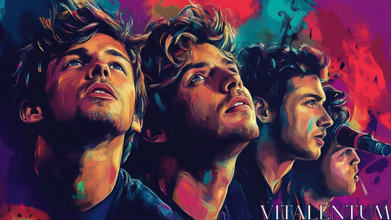 Neon-lit quartet gazes skyward in electric portrait haze.