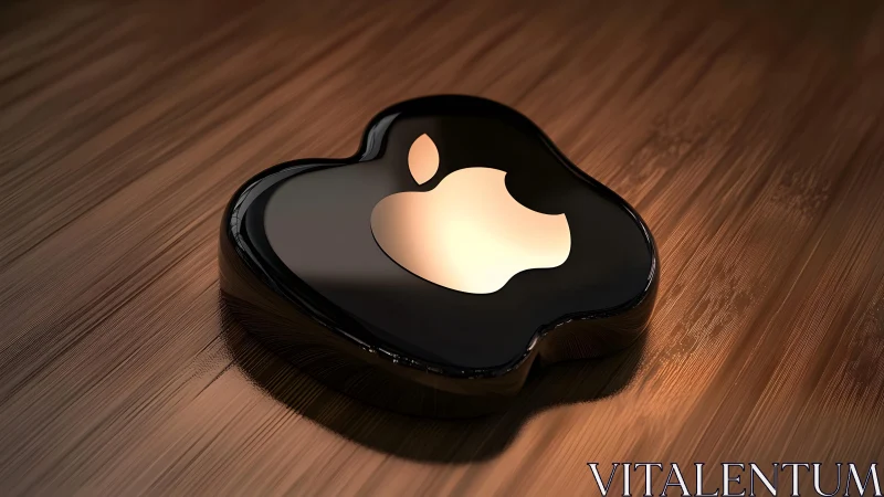 Glossy Apple Logo on Wooden Surface in Modern Digital Art Style.