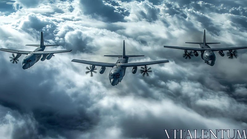 Triangular turboprop formation over cumulonimbus cloud deck.