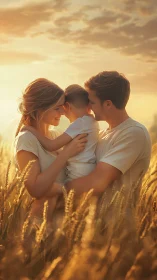 Family moment in golden wheat field at sunset.