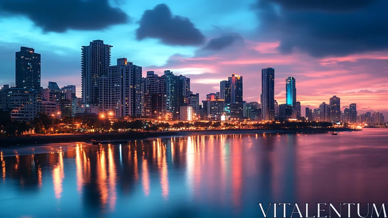 Coastal skyline glows under neon dusk reflections. Period.