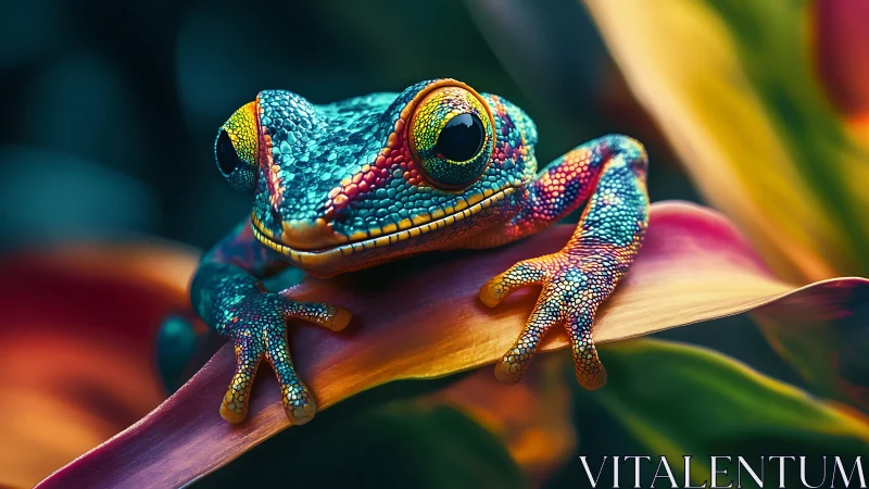 Curious rainbow frog relaxing on a leaf in glowing color.