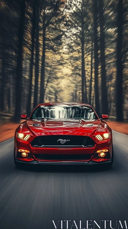 Red sports car cuts forest road with aggressive symmetry.