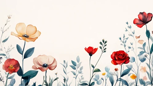 Botanical watercolor garden composition with vibrant florals and delicate foliage