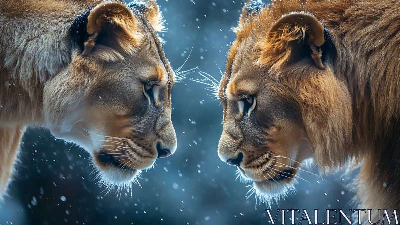Two Lionesses Face-to-Face in Snow.