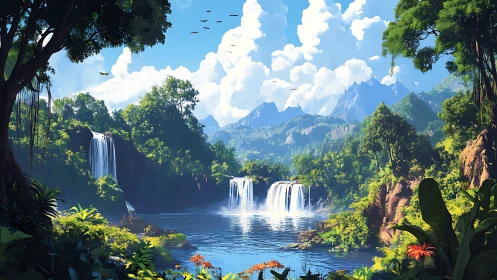 Lush tropical waterfalls with distant mountains and sky.