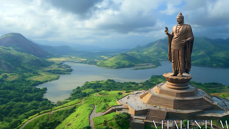 Colossal Buddha statue above lush valley lake panorama.
