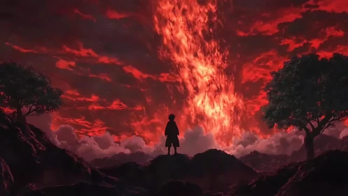 Fiery sky pours down as a lone figure quietly stands watching