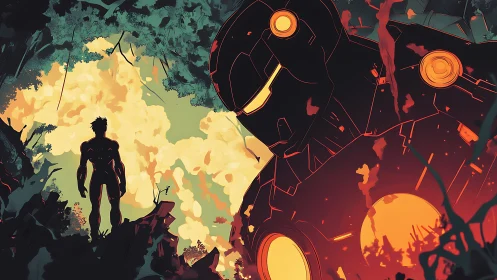 Silhouetted hero confronts fallen mech amid infernal forest glow