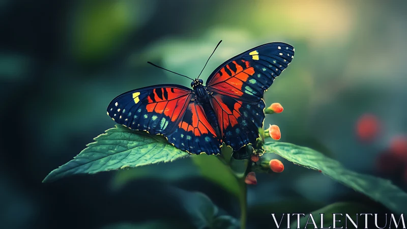 Vivid red blue butterfly rests on leaf in soft bokeh garden