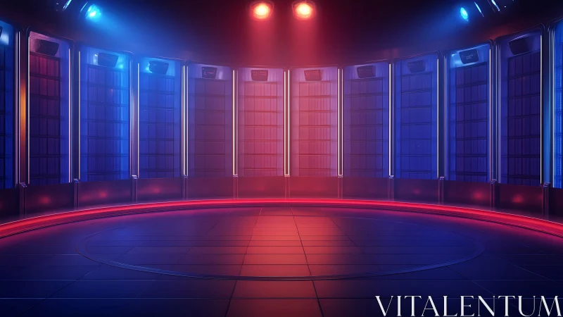 Cylindrical neon data chamber with circular platform lighting.