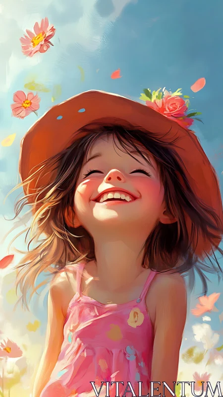 Sunlit giggles in a flowerblown summer sky portrait.