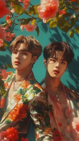 Stylized floral portrait of two young men in patterned suits.