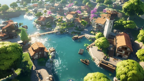 Isometric Village Harbor with Turquoise Waters and Terracotta Architecture.