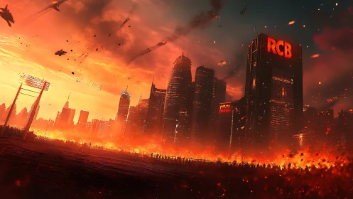 Dystopian city skyline burns beneath red storm clouds