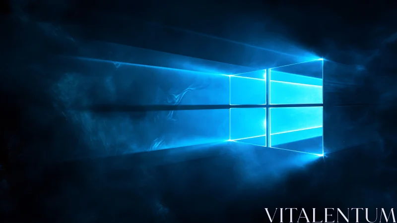 Glowing blue window portal drifting in soft digital mist.