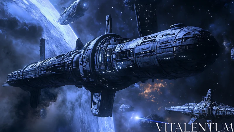 Colossal starship caravan glides through cobalt starlight