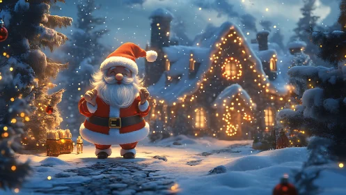 Stylized 3D Santa in snowy village with warm festive bokeh