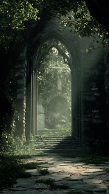 Gothic stone archway overgrown with foliage under diffused backlight