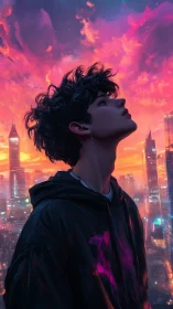 Neon city portrait studies silhouetted youth against burning sky
