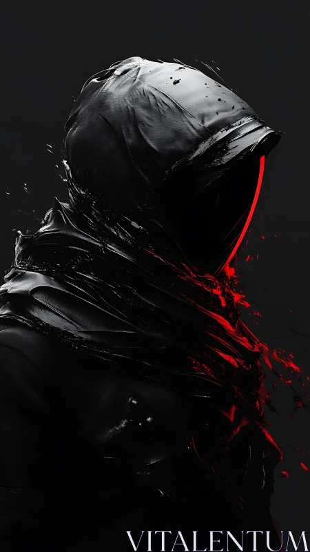 Hooded cyber-silhouette with liquid black armor and red fracture.