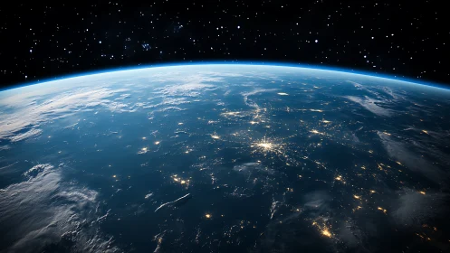 Gentle blue Earth aglow with city lights beneath quiet stars.