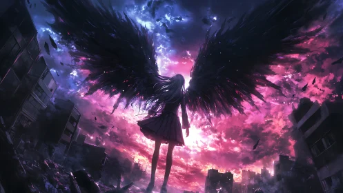 Midnight angel rises over a shattered neon twilight city.