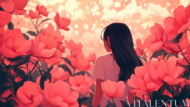 Girl stands in glowing coral garden of oversized flowers.