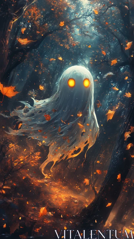 Translucent ghost form in dim autumn forest environment.