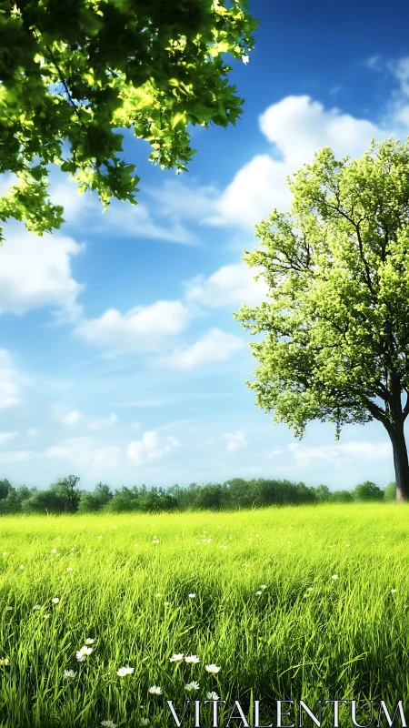 Sunlit meadow and blossoming tree rendered in vivid detail