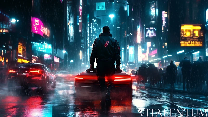 Lone driver in neon soaked rainy cyberpunk city street.