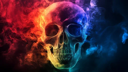 Prismatic skull drifting through swirling neon smoke clouds.