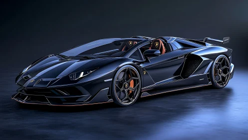 Midnight blue supercar basking in sleek spotlighted calm.