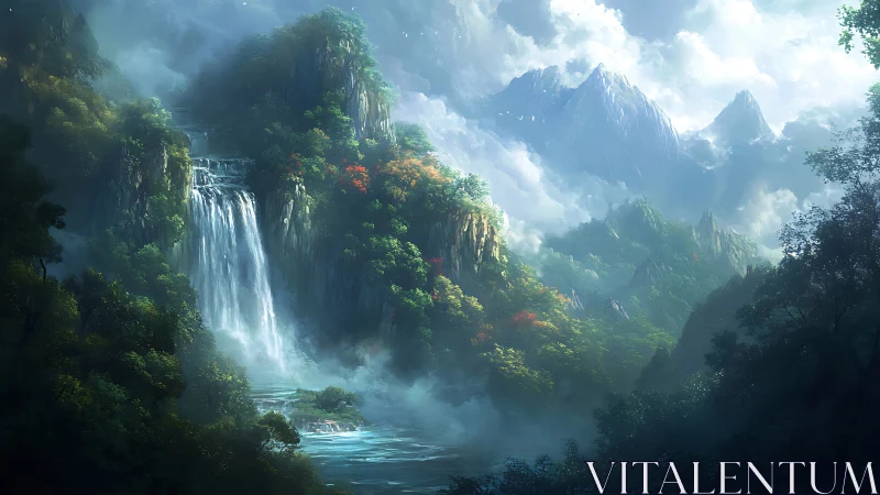 Misty emerald valley with cascading waterfall at dawn.