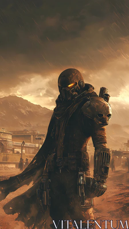 Armored figure stands in dusty industrial wasteland rain