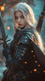 Silver haired warrior in black armor holding twin swords.