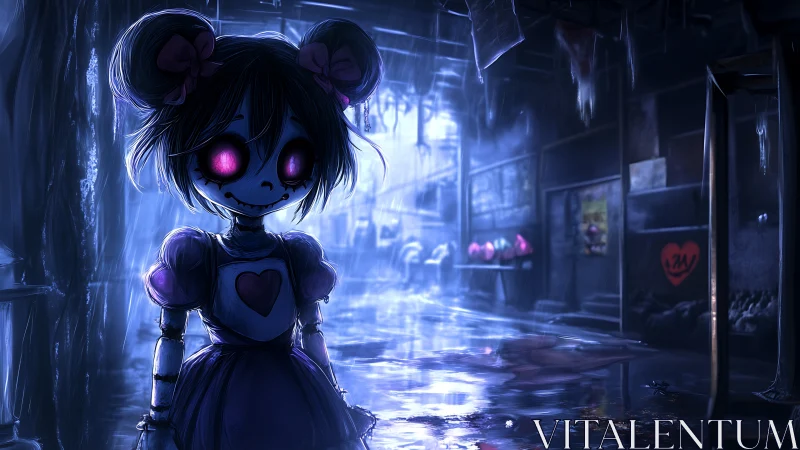 Robot doll figure in dark flooded corridor interior.