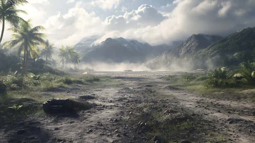 Volcanic Valley at Dawn: Misty Mountain Landscape