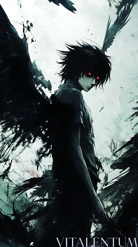 Raven winged shadow boy with ember eyes in icy storm.