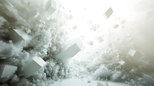 Abstract white cubes exploding in misty digital 3D art style.