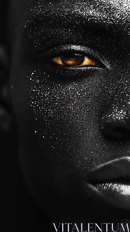 Glittered black portrait with single golden eye focus.