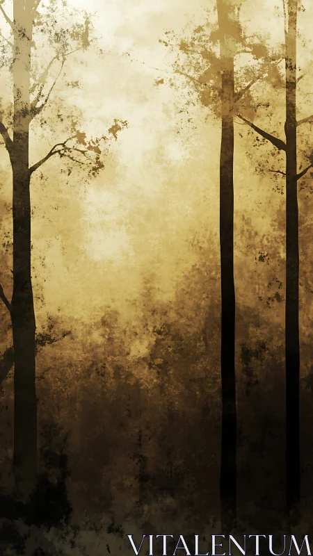 Misty Forest Through Vertical Trees and Fading Light.