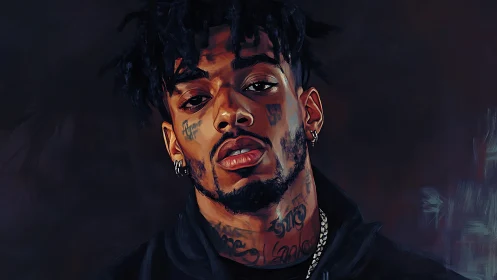 Digital portrait of tattooed man with intense gaze.