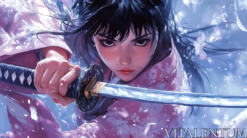 Samurai woman in pink kimono holding katana in snow scene.