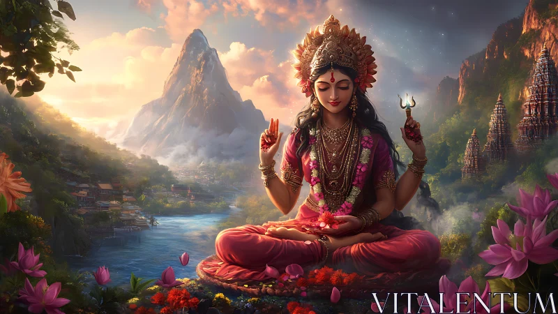 Divine goddess in lotus pose amid mountainous river valley at dawn