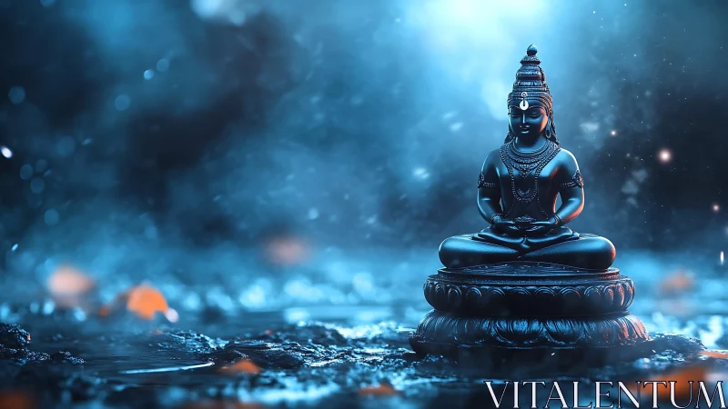 Serene dark deity statue in luminous blue atmospheric mist.