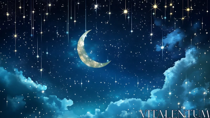 Crescent moon amid dense starfield and glowing cumuliform clouds.